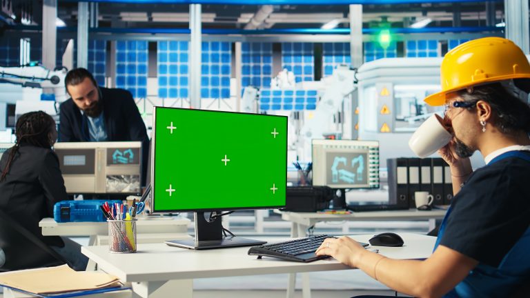 Engineer in solar panels plant uses CAD software on mockup PC to optimize layout